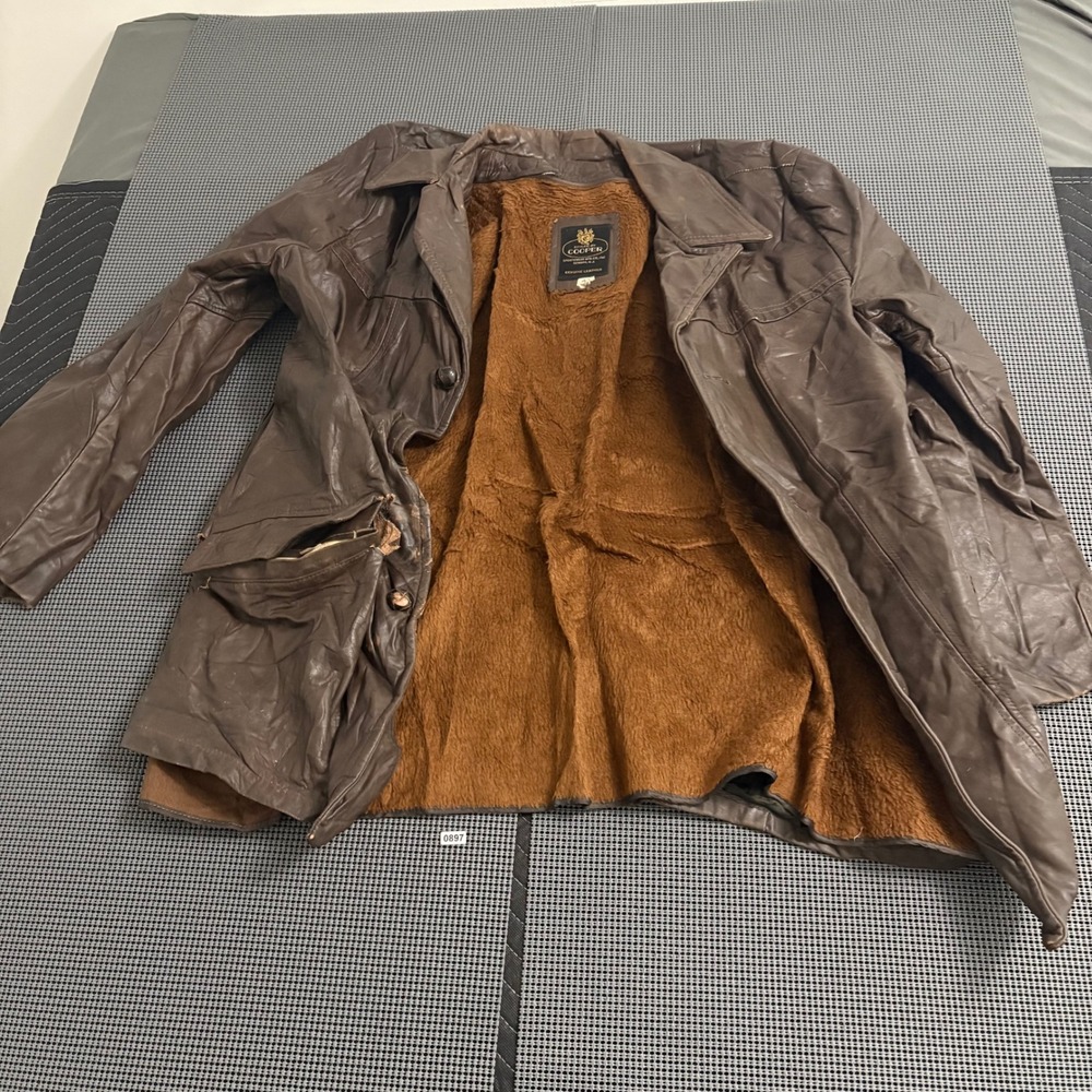 Vintage Cooper Sportswear Brown Leather Jacket Faux Fur Lined Mens 42 AS IS